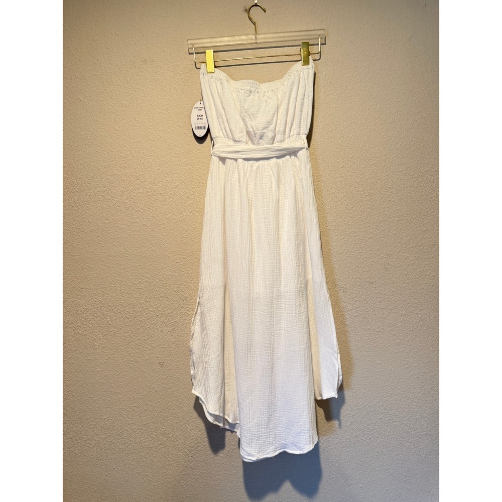 Scoop Womens Strapless White Gauze Midi Dress Smocked Waist Self Belt Small 4-6 - Picture 3 of 5